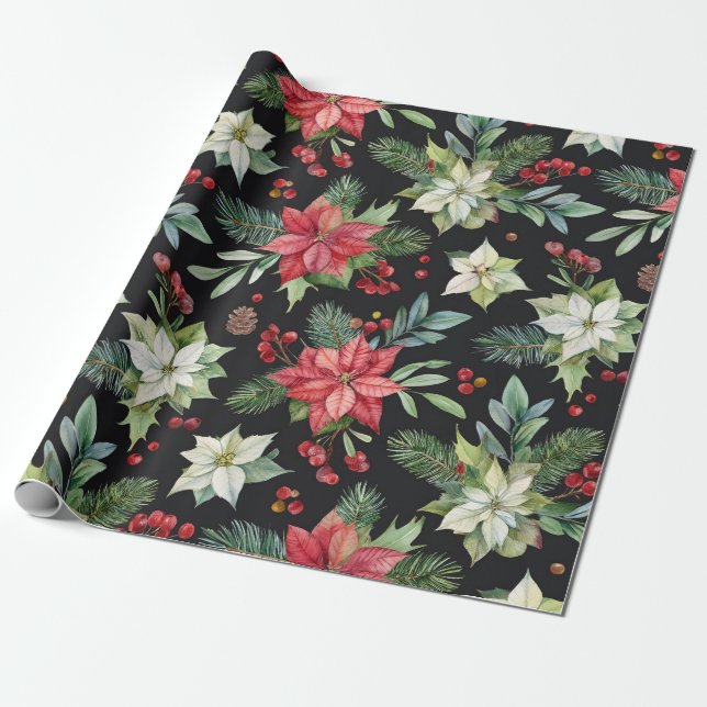 Moderne Elegant Dark Floral Weihnachten Geschenkpapier (Ungerollt)