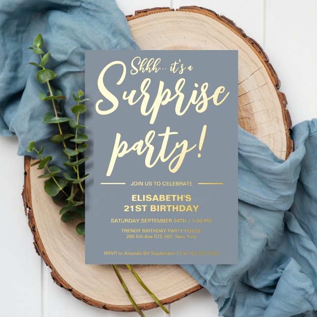 Moderne Elegant Dusty Blue 21. Überraschung Geburt Folieneinladung (Von Creator hochgeladen)