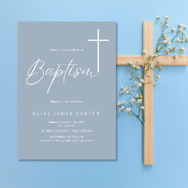 Moderne Elegant Dusty Blue Baby Boy Taufe Einladung