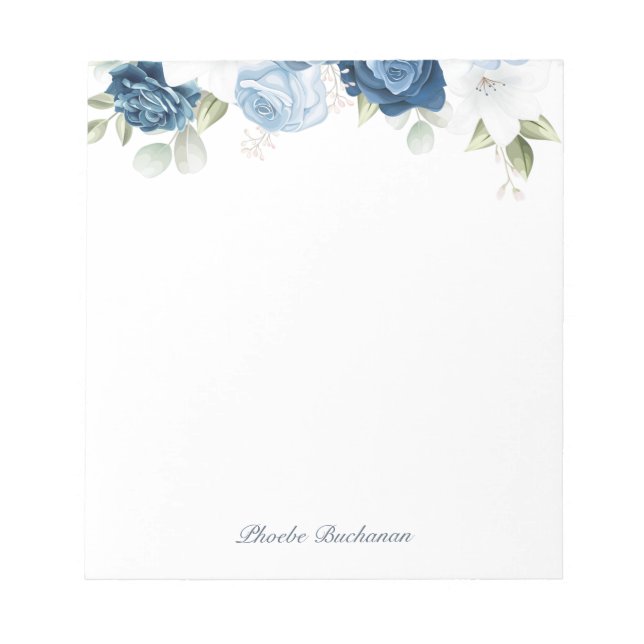 Moderne Elegant Dusty Blue Floral Personalisiert Notizblock (Vorderseite)