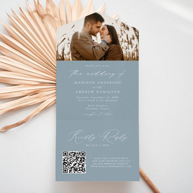 Moderne Elegant Dusty Blue Foto Wedding All In One Einladung (Von Creator hochgeladen)