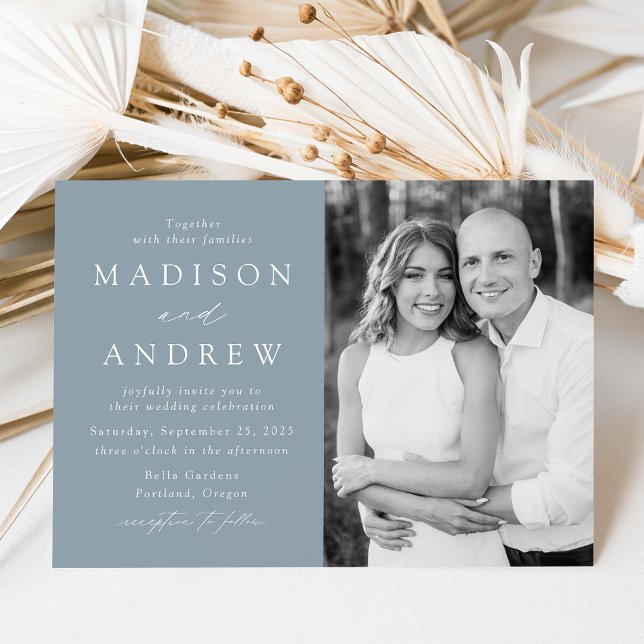 Moderne Elegant Dusty Blue Foto Wedding Einladung (Von Creator hochgeladen)