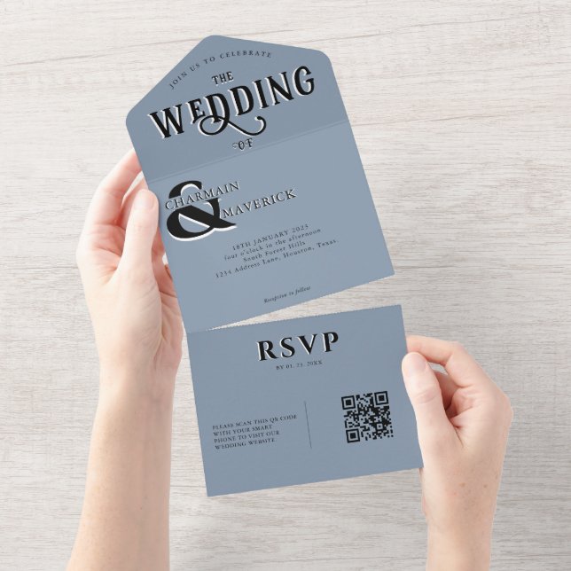 Moderne Elegant Dusty Blue QR Code Wedding All In One Einladung (Abreißen)