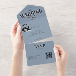Moderne Elegant Dusty Blue QR Code Wedding All In One Einladung