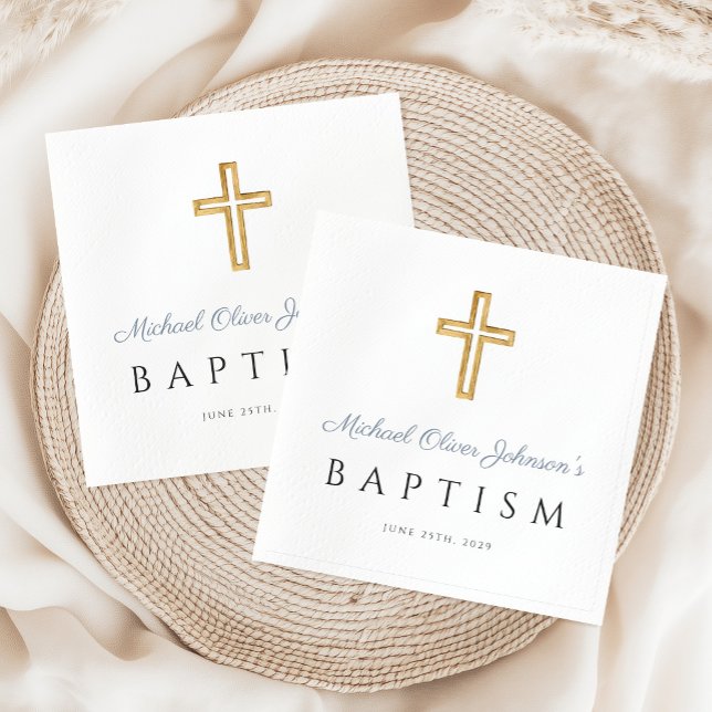 Moderne Elegant Dusty Blue Script Boy Taufe Serviette (Modern Elegant Dusty Blue Script Boy Baptism Napkins)