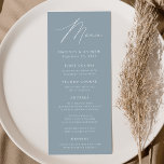 Moderne Elegant Dusty Blue Wedding Menükarte<br><div class="desc">Einfaches und elegantes Hochzeitsmenü mit "Menü",  das in einem modernen weißen Skript mit einem staubigen blauen Hintergrund oder Farbe Ihrer Wahl angezeigt wird. Personalisieren Sie das dustig blaue Hochzeitsmenü,  indem Sie Ihre Namen,  das Hochzeitsdatum und Menüinformationen hinzufügen. Entworfen,  um mit unserer Hochzeitskollektion "Moderne Elegance" zu koordinieren.</div>