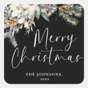 Moderne Elegant frohe Weihnachten Custom Botanical Quadratischer Aufkleber