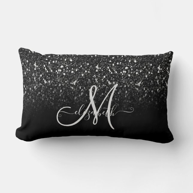 Moderne Elegant Girly, Black Glitzer Ombre Monogra Lendenkissen (Vorderseite)