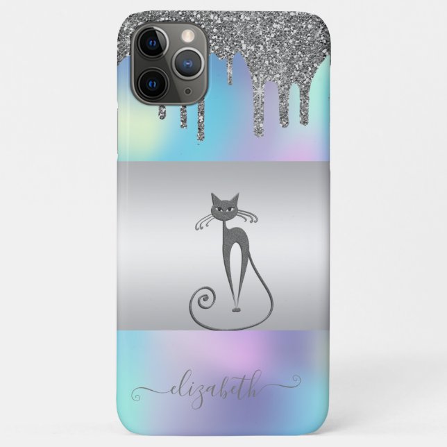 Moderne Elegant Girly, Cat Holographic Glitzer Tro Case-Mate iPhone Hülle (Rückseite)