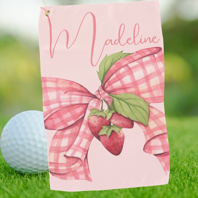Moderne Elegant Girly Pink Bow Erdbeere Golfhandtuch (Von Creator hochgeladen)