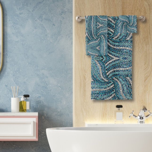 Moderne Elegant Girly Silver Türkis Blauer Swirl Badhandtuch Set (Von Creator hochgeladen)