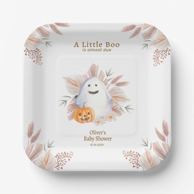 Moderne Elegant Little Boo Boho Ghost Baby Dusche Pappteller (Vorderseite)
