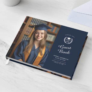 Moderne Elegant Navy Blue 2-Foto Grad Keepake Gästebuch
