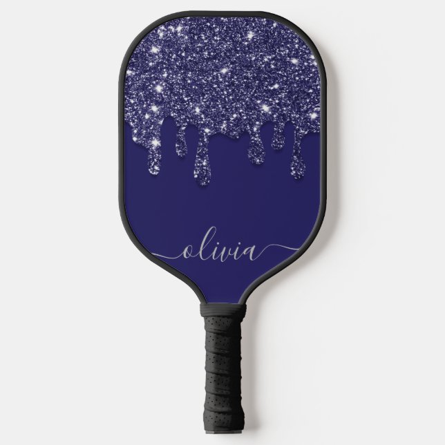 Moderne Elegant Navy Blue Glitzer Dripping Pickleball Schläger (Vorderseite)