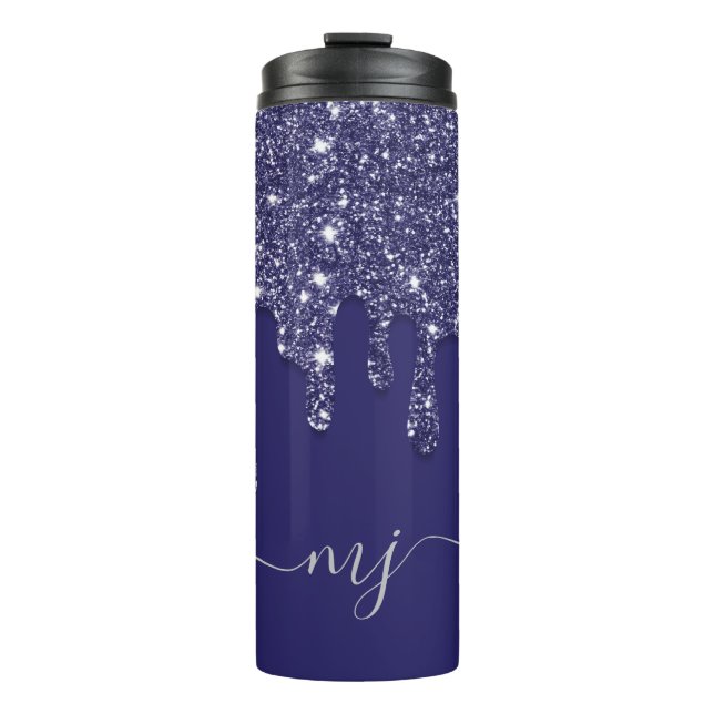 Moderne Elegant Navy Blue Glitzer Dripping Thermosbecher (Vorderseite)