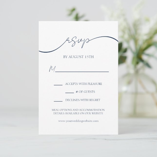 Moderne Elegant Navy Blue Minimal Wedding RSVP Car (Stehend Vorderseite)
