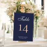 Moderne Elegant Navy Blue Script Hochzeit Tischnummer<br><div class="desc">Moderne Elegant Navy Blue Script Hochzeitsskrippe Tischnummer. Die Karte ist modern und elegant in dunkelblau mit einem dünnen Rahmen und einem Skript in Weiß und Pfirsichfarben. Passen Sie jede Karte für jede Tischnummer einzeln an und legen Sie sie separat in Ihren Warenkorb. Personalisieren Sie den gesamten Text auf der Tischkarte....</div>