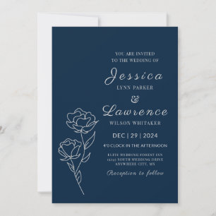 Moderne Elegant Navy Blue Silver Floral Wedding Einladung