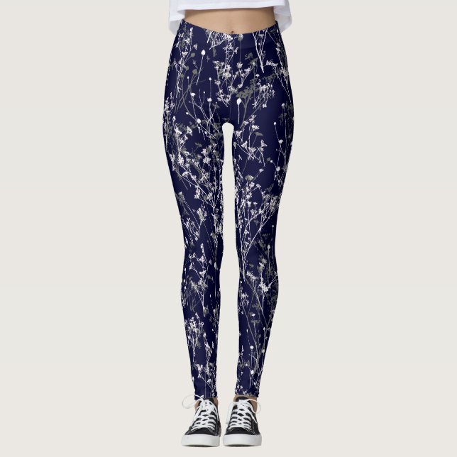 Moderne Elegant Navy Blue Wildblumen Leggings (Vorderseite)