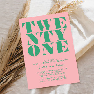 Moderne Elegant Pink Green Bold 21. Geburtstag Einladung