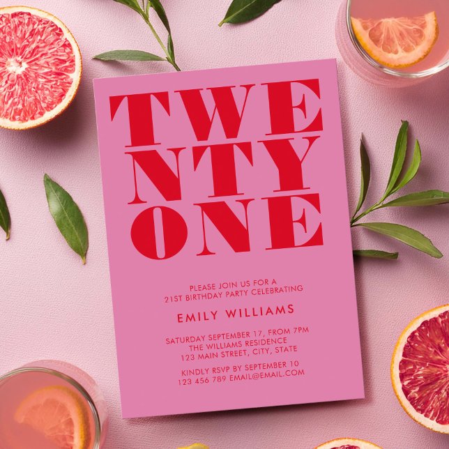 Moderne Elegant Rosa Rot Bold 21. Geburtstag Einladung (Von Creator hochgeladen)