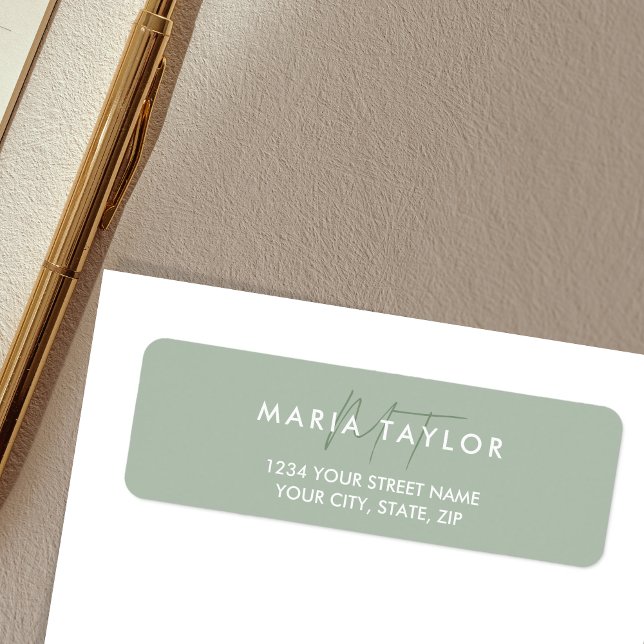 Moderne Elegant Simple Monogram Stylish Sage (Simple Minimalist sage green monogram return address label)