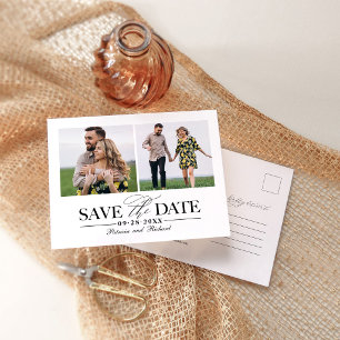 Moderne elegante 2-Foto-Collage-Hochzeitstermin Postkarte