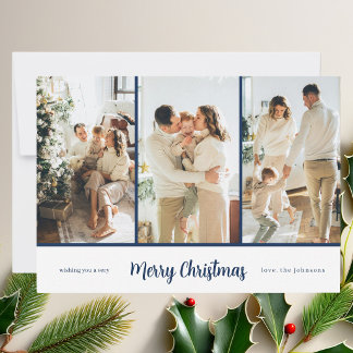 Moderne elegante 3-Foto-Navy-Blue-Schrift Feiertagskarte