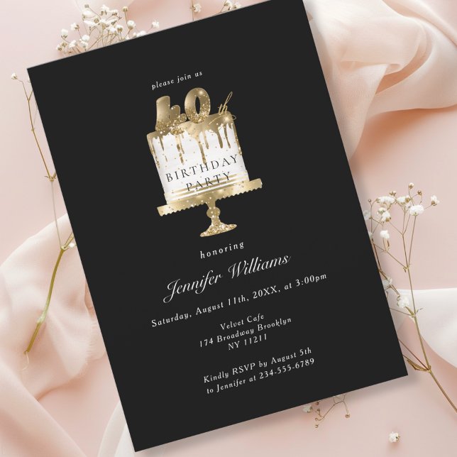 Moderne, elegante 40. Geburtstagsschwarze Einladun Einladung (Modern, elegant, luxury, black & gold, 40. birthday invitation with cake illustration.)