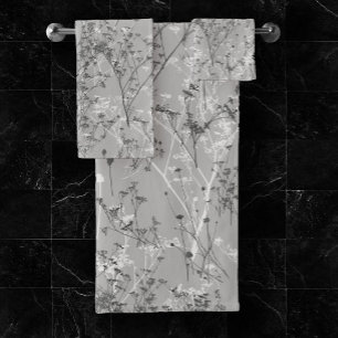 Moderne elegante Abstrakte, graue Wildblumen Badhandtuch Set