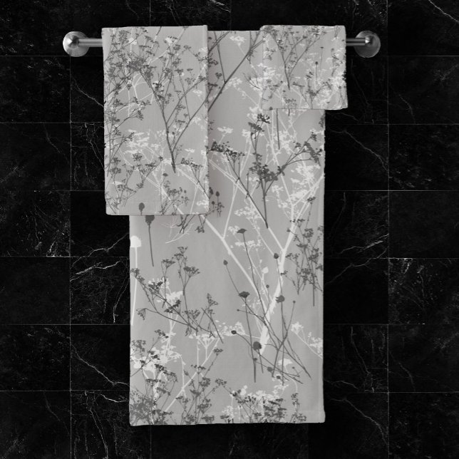 Moderne elegante Abstrakte, graue Wildblumen Badhandtuch Set (Von Creator hochgeladen)