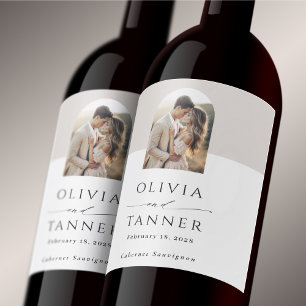 Moderne elegante Arch-Foto neutrale Beige Hochzeit Weinetikett