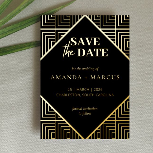 Moderne Elegante Art Deco Geometric Save the Date Folieneinladung (Von Creator hochgeladen)