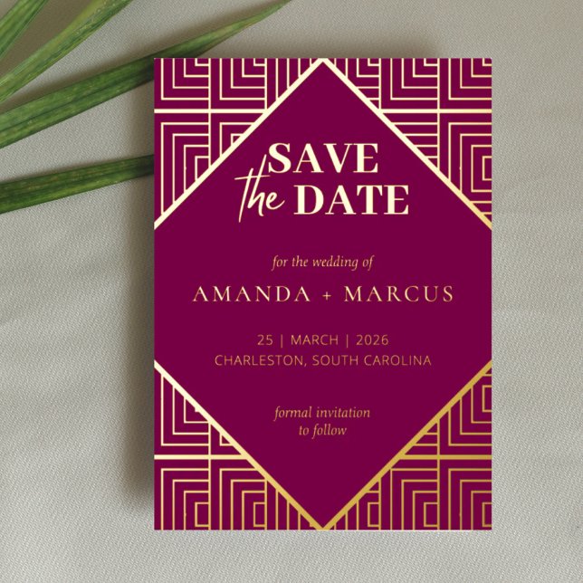 Moderne Elegante Art Deco Geometric Save the Date Folieneinladung (Von Creator hochgeladen)