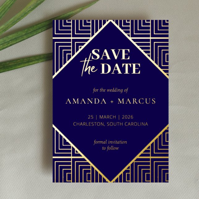 Moderne Elegante Art Deco Geometric Save the Date Folieneinladung (Von Creator hochgeladen)