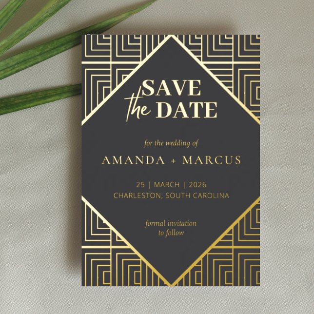 Moderne Elegante Art Deco Geometric Save the Date Folieneinladung (Von Creator hochgeladen)