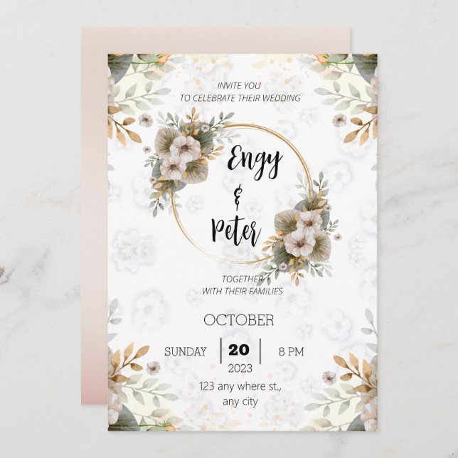 Moderne, elegante Beige- und grüne Hochzeitseinlad Einladung (Vorne/Hinten)