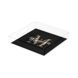 Moderne elegante Black Gold Monogram Script Chic Acryl Tablett
