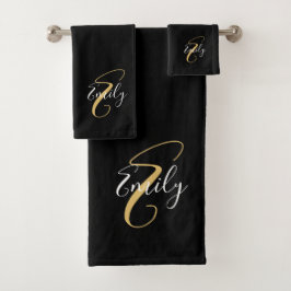 Moderne elegante Black Gold Monogram Script Name Badhandtuch Set