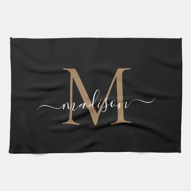 Moderne elegante Black Gold Monogram Script Name Geschirrtuch (Horizontal)