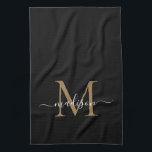 Moderne elegante Black Gold Monogram Script Name Geschirrtuch<br><div class="desc">Modernes,  stilvolles elegantes Schwarzes Gold Monogram Script Name Küchentuch</div>