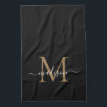 Moderne elegante Black Gold Monogram Script Name Geschirrtuch<br><div class="desc">Modernes,  stilvolles elegantes Schwarzes Gold Monogram Script Name Küchentuch</div>