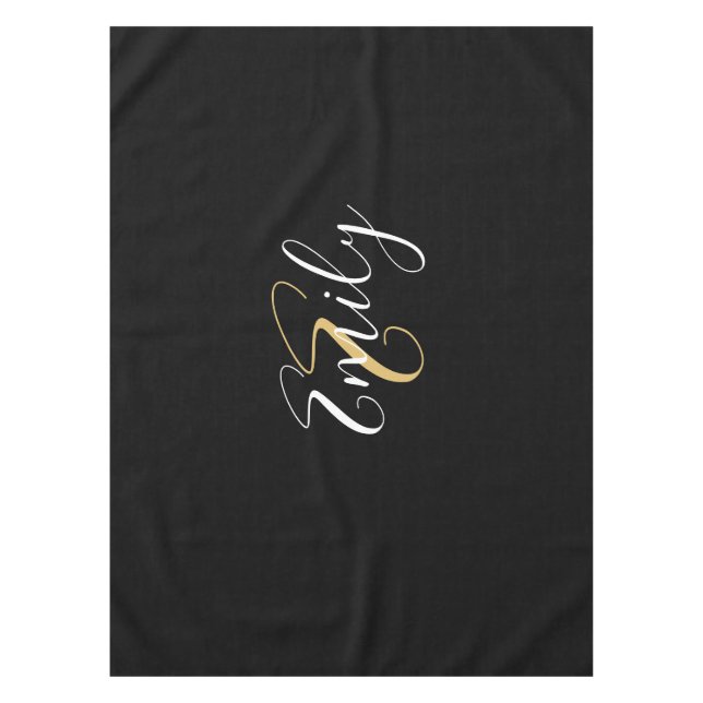 Moderne elegante Black Gold Monogram Script Name Tischdecke (Vorderseite)