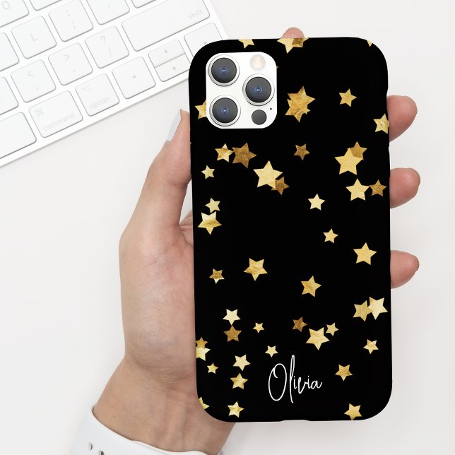 Moderne elegante Black Gold Stars Skript mit Namen Case-Mate iPhone Hülle (Von Creator hochgeladen)