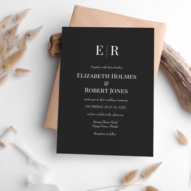 Moderne, elegante Black Monogram Wedding Einladung (Modern Elegant Black Monogram Wedding Invitation surrounded with neutral boho decoration.)