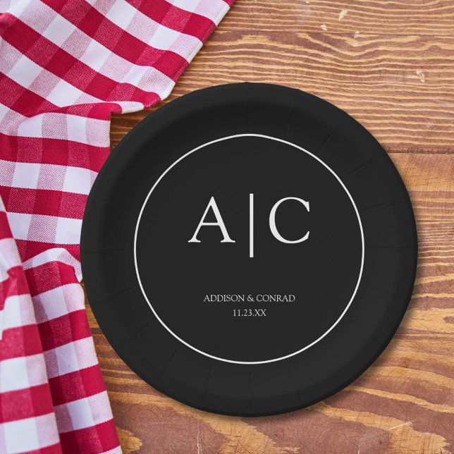 Moderne, elegante Black Monogram Wedding Round Pappteller (Von Creator hochgeladen)