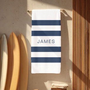 Moderne elegante blau-weiße Streifenmuster Name Strandtuch