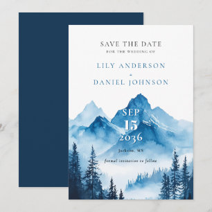 Moderne elegante blaue Aquarell-Berghochzeit Save The Date