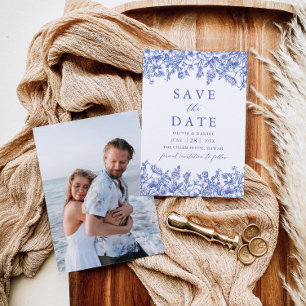 Moderne elegante blaue florale Foto-Save-the-Date- Einladung