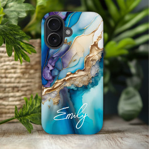 Moderne elegante blaue goldene Marmor-Personalisie iPhone 16 Hülle